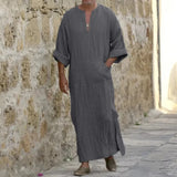 Men’s Long Cotton Linen Jubba Thobe – V-Neck Muslim Arab Islamic Kaftan