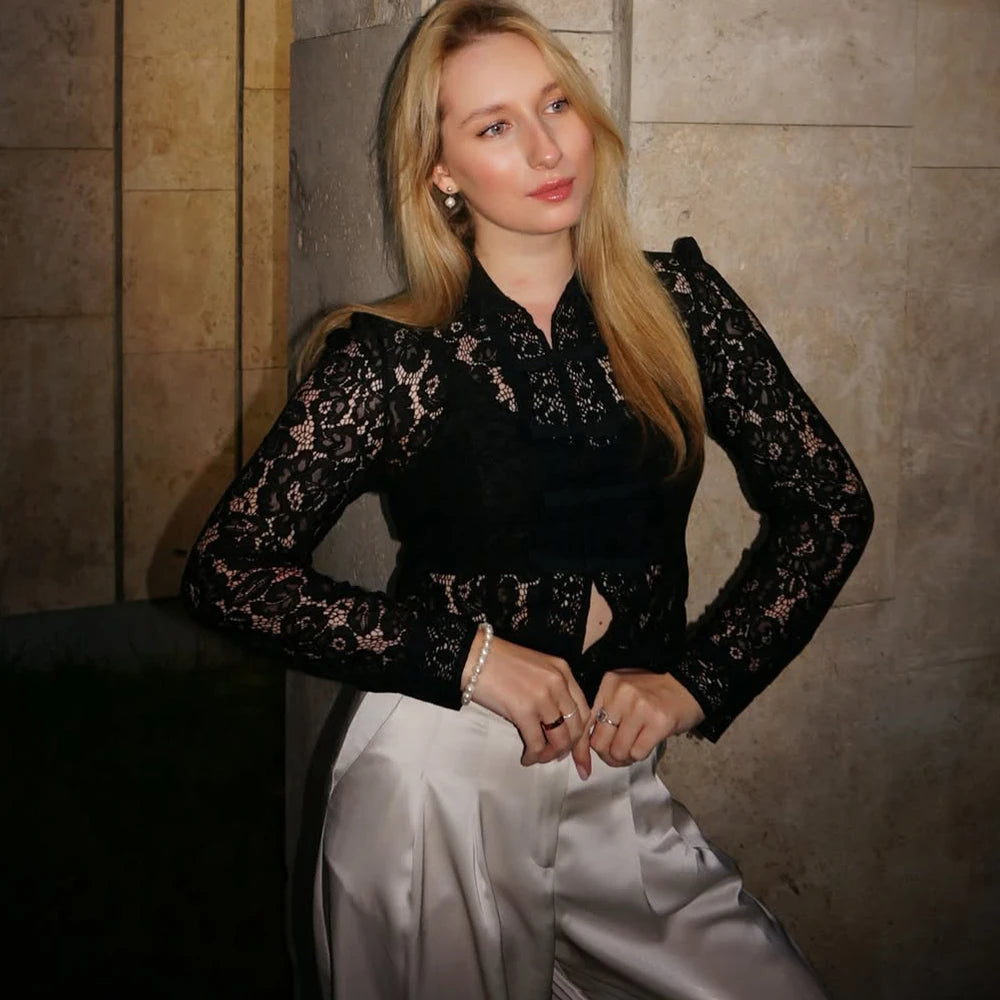 Luxuriöse Spitzenbluse mit Print – Vintage-Hemd für Damen, einreihig, schmal geschnitten, elegantes Langarm-Partytop
