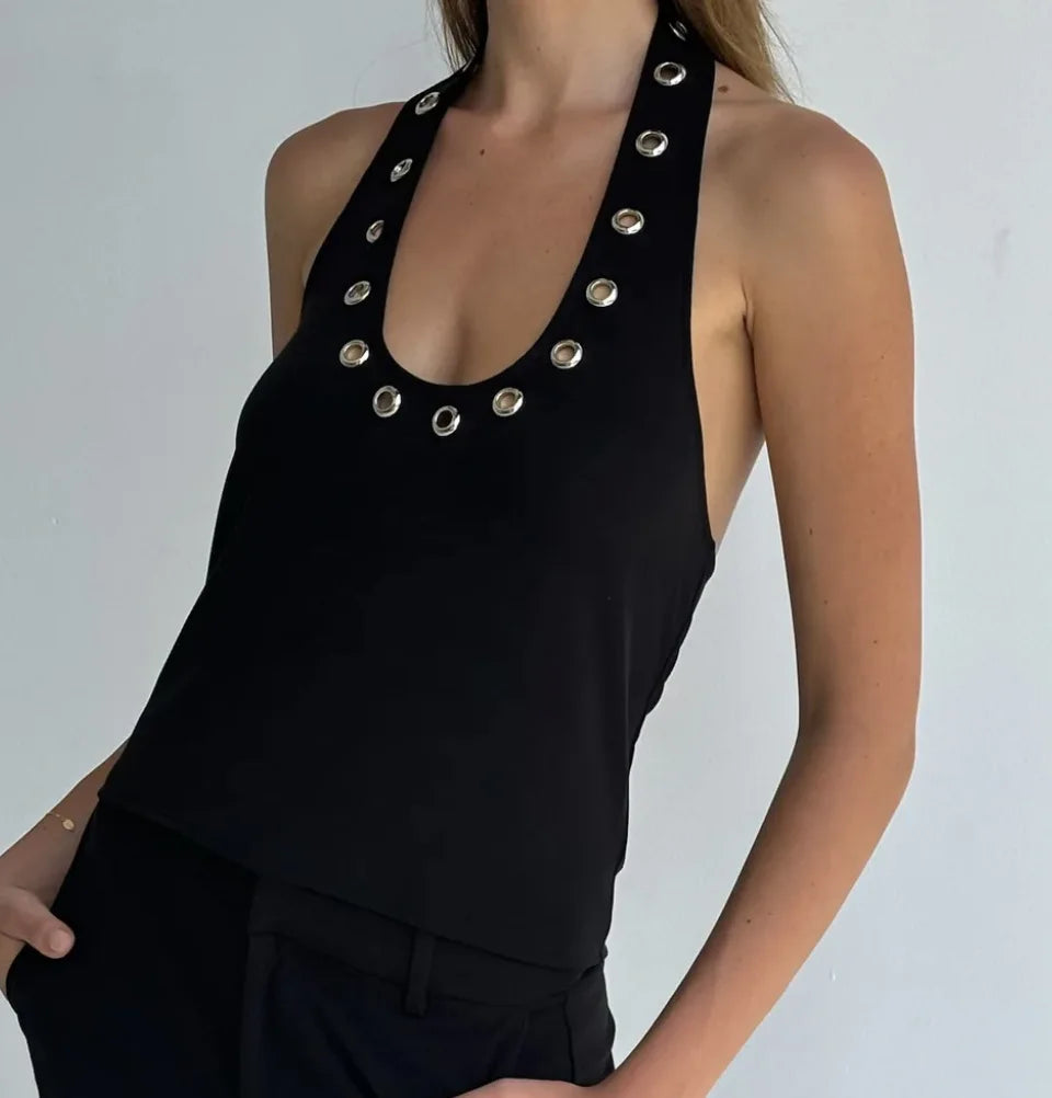 Damen-Metall-Hohl-Neckholder-Weste – Sexy Plunge Bodycon Camisole-Top