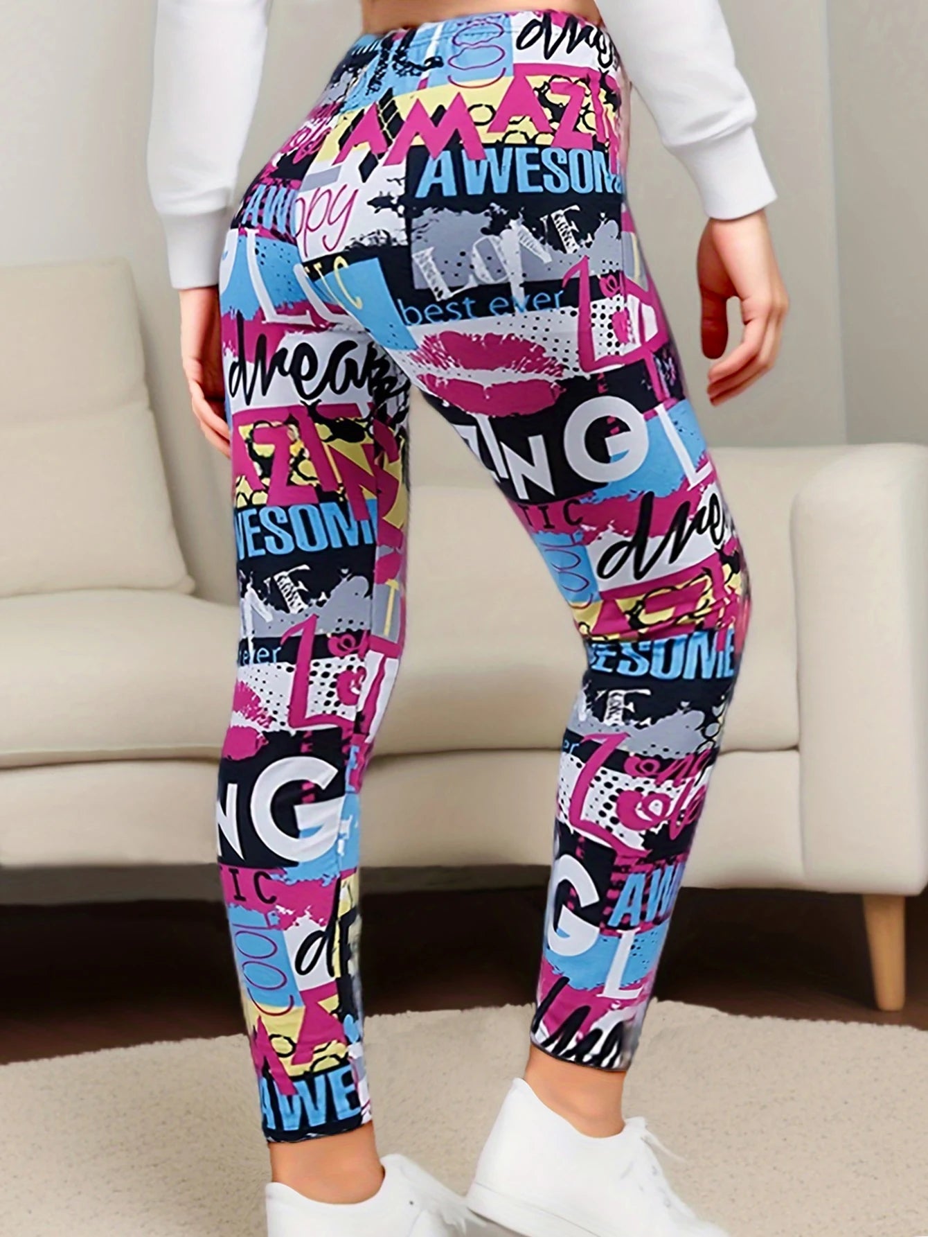 Women’s Graffiti Print High-Stretch Leggings Brushed Soft High-Waist Sexy Nine-Point