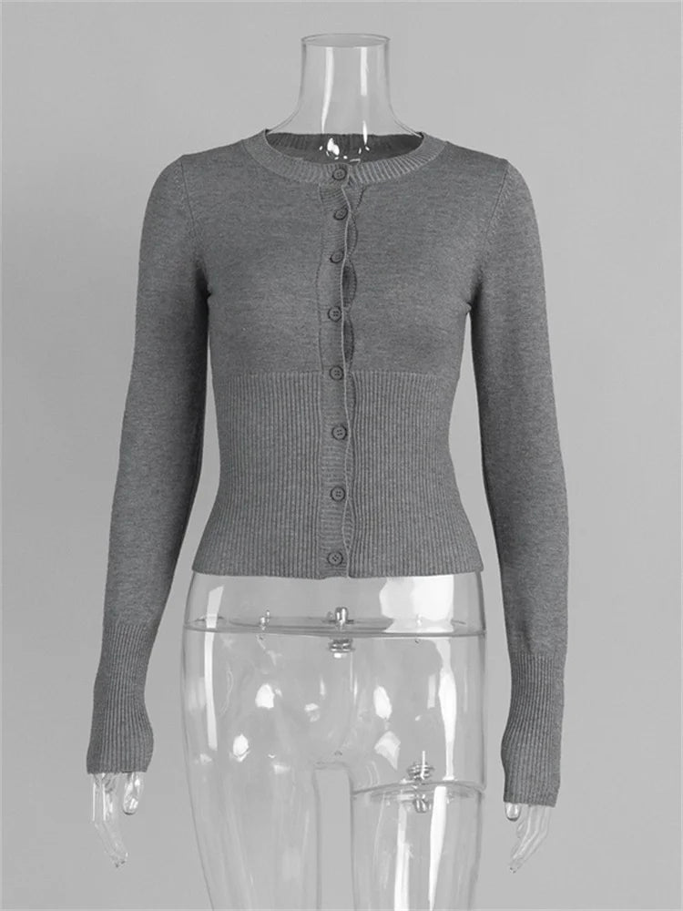Lässige Strickjacke für Damen – Langärmeliges Rippstrick-Patchwork-Slim-Top