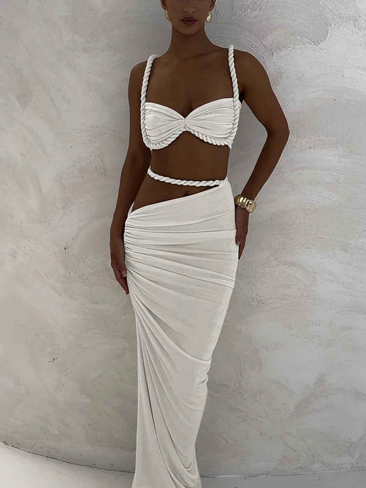 Sexy zweiteilige Urlaubskombination für Damen – plissiertes Crop-Cami-Top & geraffter Maxirock mit hoher Taille