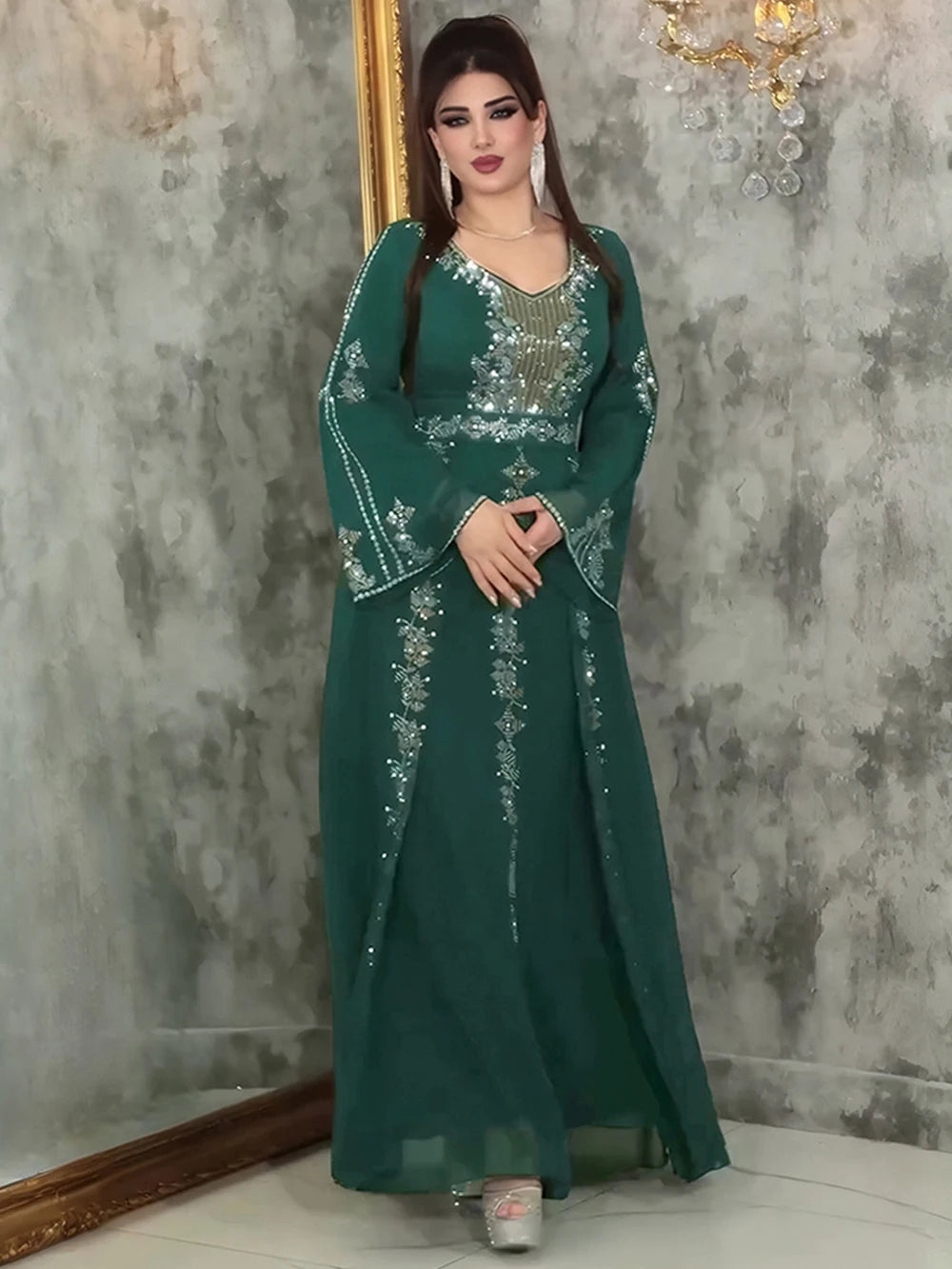 The "Desert Rose" Chiffon Gown – Signature Dubai-Turkey Kaftan Abaya – Elegant Long Sleeve Maxi Robe
