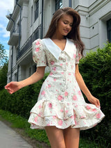 Short Sleeve Floral Printed Lapel Fashion Mini Dress for Women