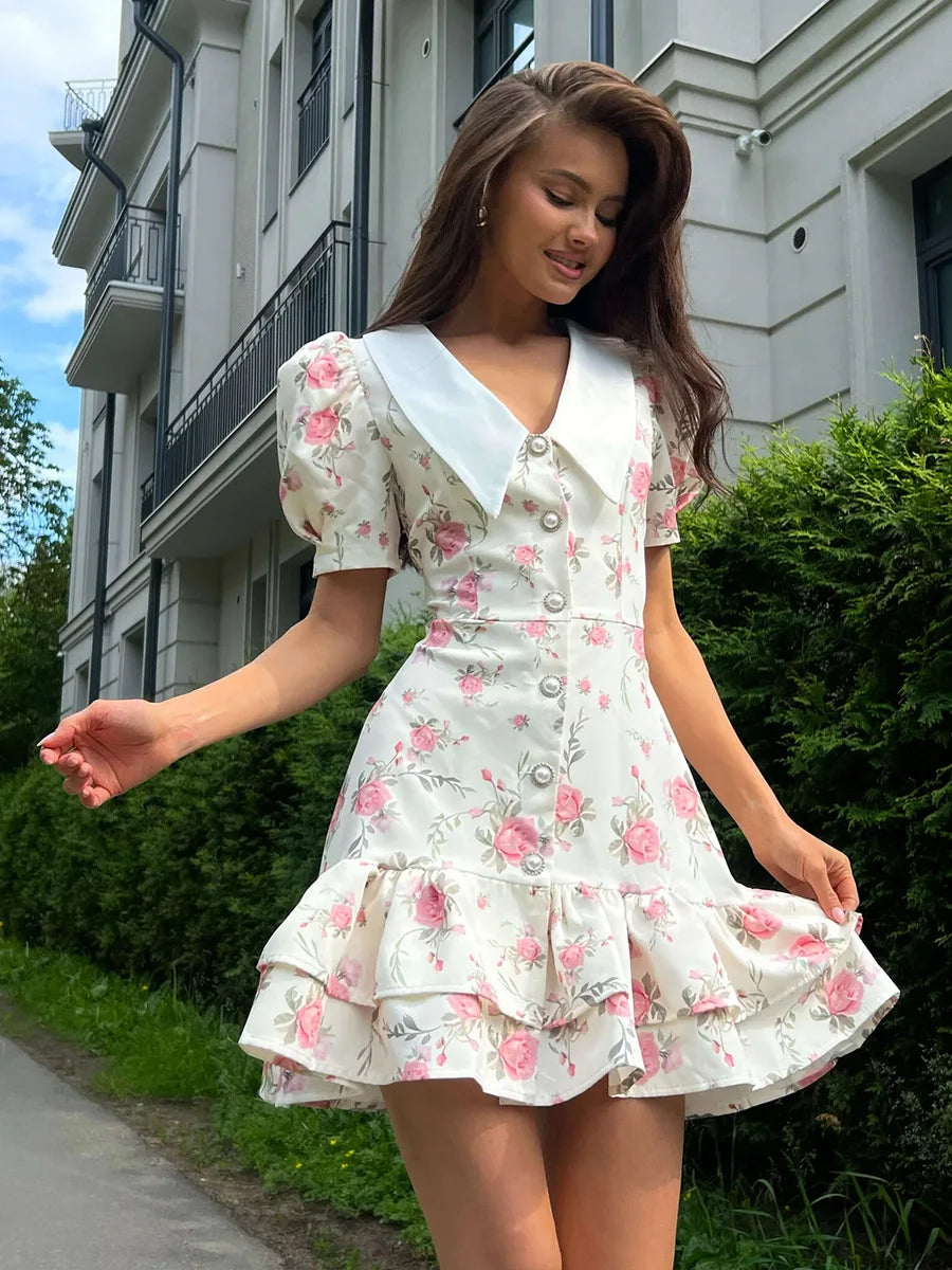 Short Sleeve Floral Printed Lapel Fashion Mini Dress for Women