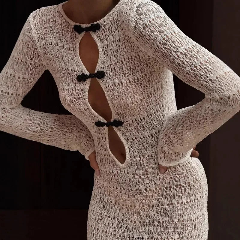 Women’s Hollow Sheer Maxi Dress – Sexy Backless Lace-Up Resort Dress