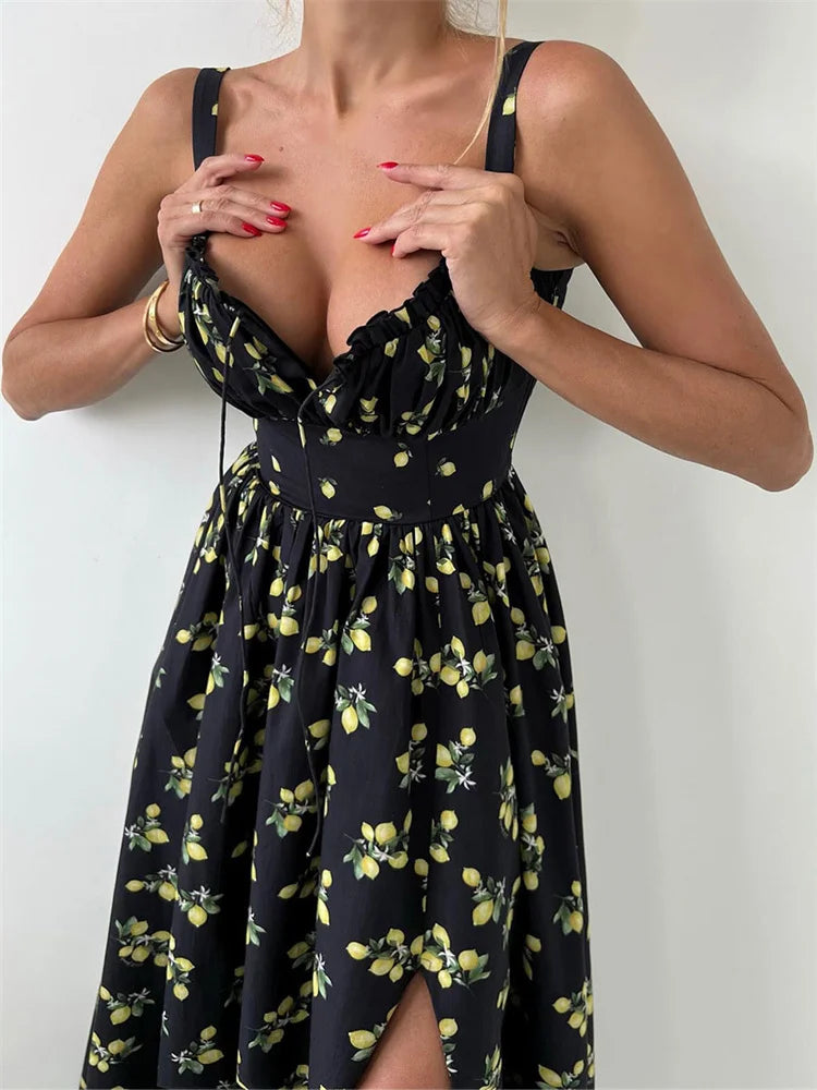 V-Neck Printed Elegant Maxi Dress for Women – Summer Sleeveless Bodycon Dress