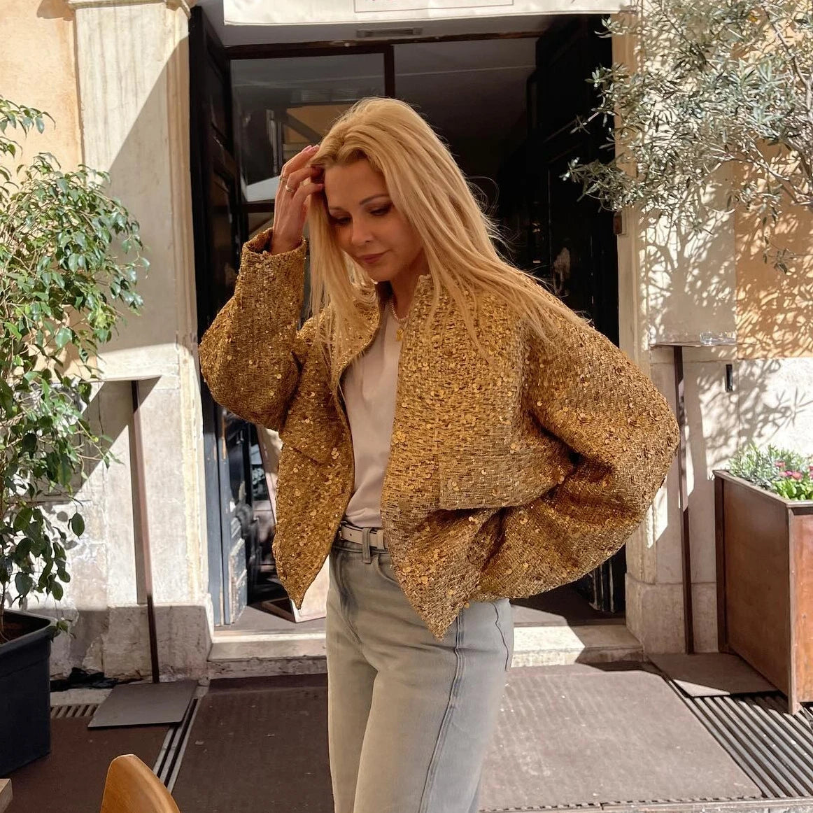 Goldene Pailletten Bomberjacke für Damen – Glitzernde Jacke