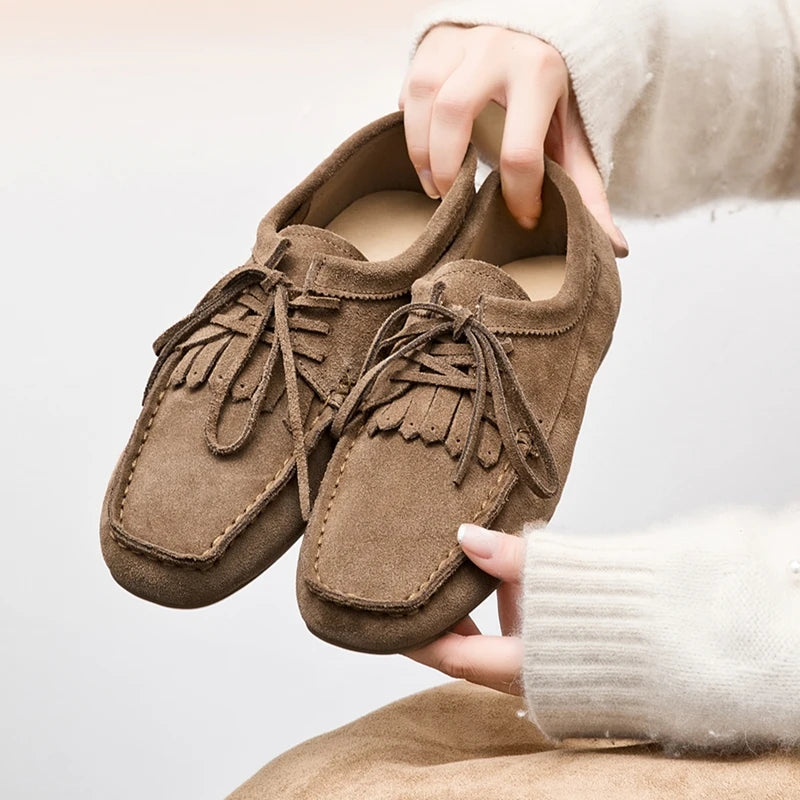 Women’s Genuine Cow Suede Loafers – Square Toe Flat Shoes