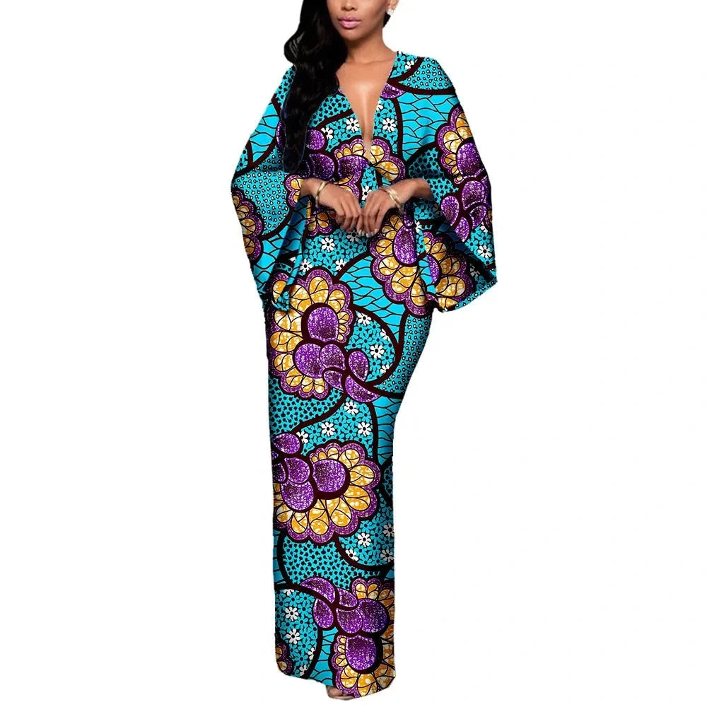 Ankara Maxikleid für Damen mit V-Ausschnitt und ausgestellten Ärmeln