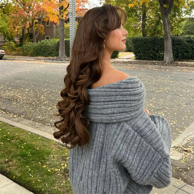 Women’s Off-Shoulder Knit Sweater – Brown Retro Loose Casual Pullover
