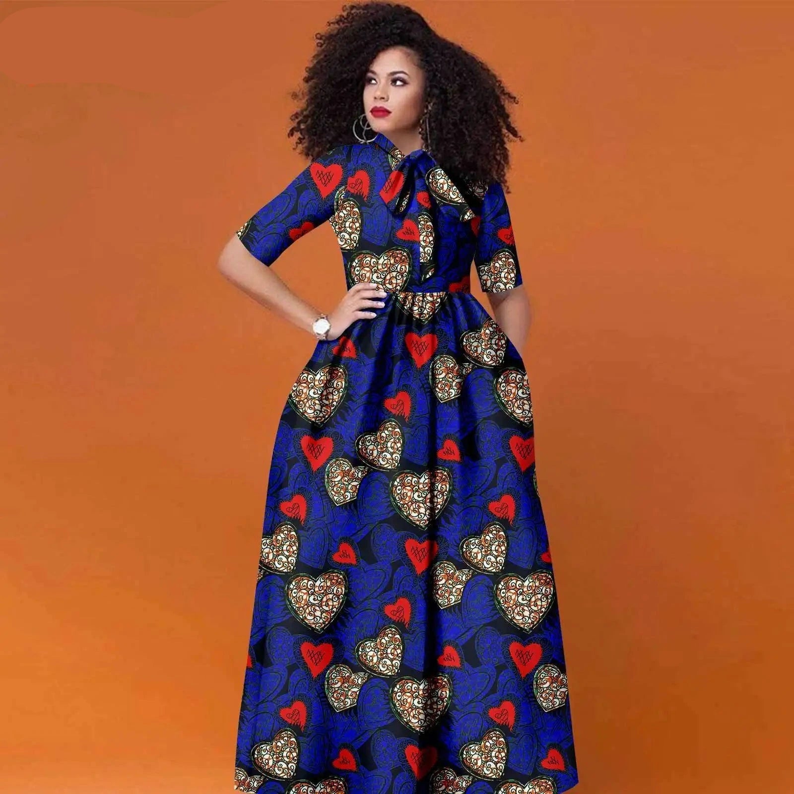 Afrikanisches Ankara Maxikleid für Damen | Halbarm High Waist Kleid mit traditionellem Print