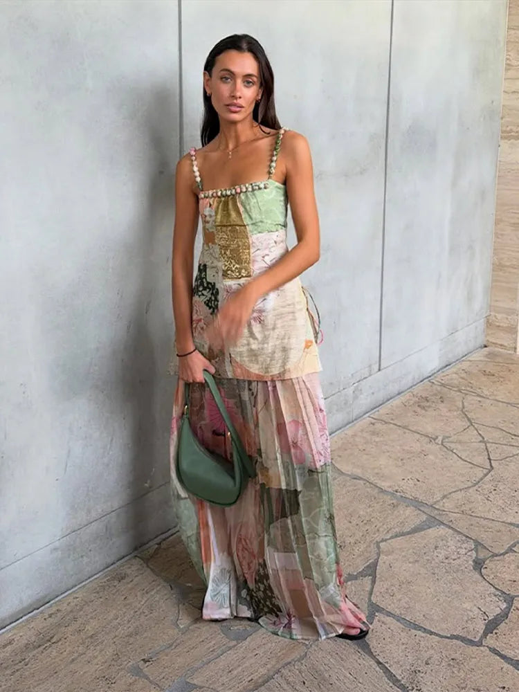 Women’s Printed Ruffle Square Neck Lace-Up Vacation Dress