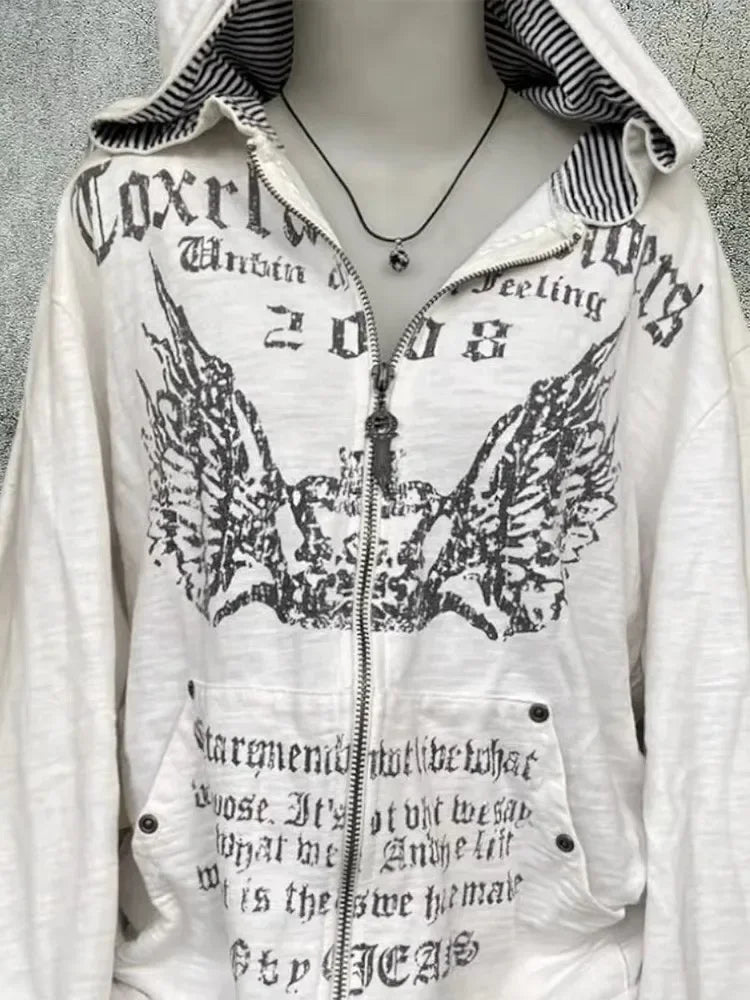 Damen Weißer Amerikanischer Retro-Kapuzenpullover mit Print – Y2K Harajuku Reißverschluss-Sweatshirt