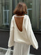 Female Backless Loose Knitwear Sweater – Casual Elegant Long Sleeve Patchwork Pullover