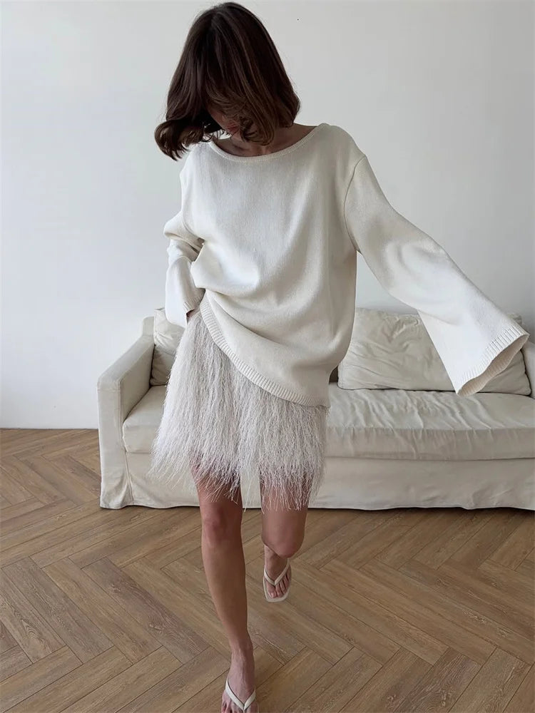 Damen rückenfreier, locker gestrickter Pullover – Lässiger, eleganter Langarm-Patchwork-Pullover