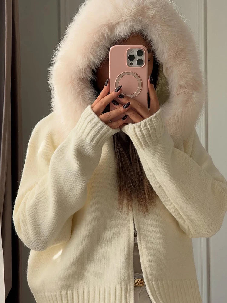 Women’s Winter Fluffy Hoodie Cardigan – Zipper Patchwork Knit Jacket