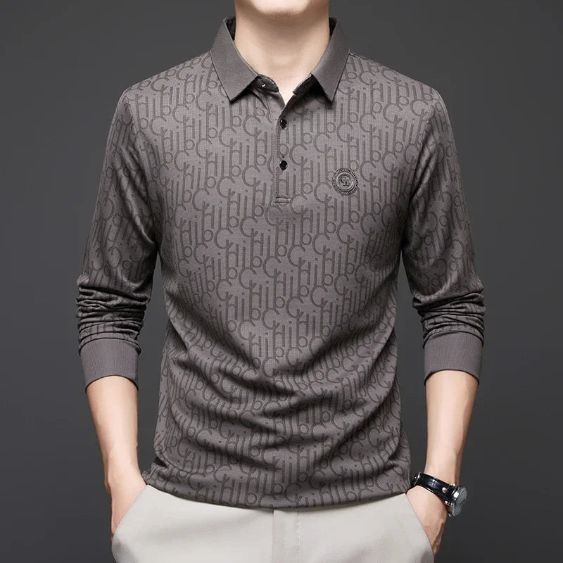 Herren Langarm-Poloshirt mit Abzeichen – Business Casual Uni-Oberteil