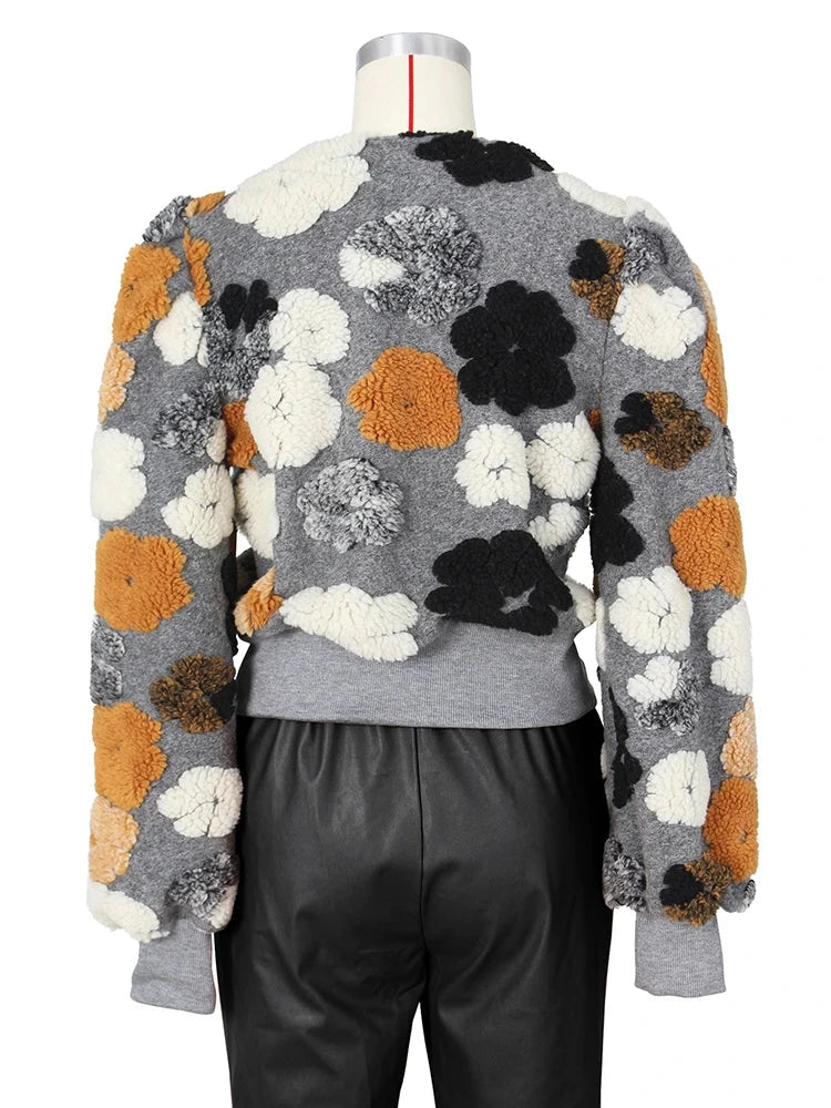 The Botanical Bloom: 3D Blumen-Patchwork-Jacke – Luxuriöser strukturierter Puffärmel-Mantel