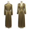 Women's Gold Long Sleeve Pleated V-Neck Dress - Elegant Wedding, Prom & Holiday Party Gown