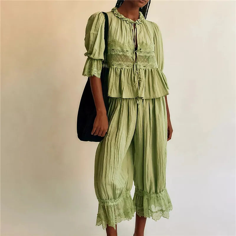 Women’s Y2K Lace Trim 2-Piece Pajama Set – Bow Tie-Front Short Sleeve Shirt & Ruffle Flared Lantern Pants