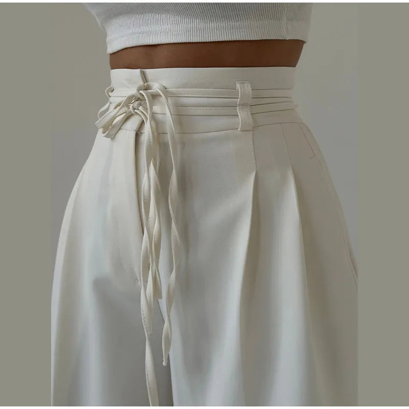 Women’s Y2K Wide Leg Long Pants – Elegant High Waist Double Drawstring Baggy Trouser