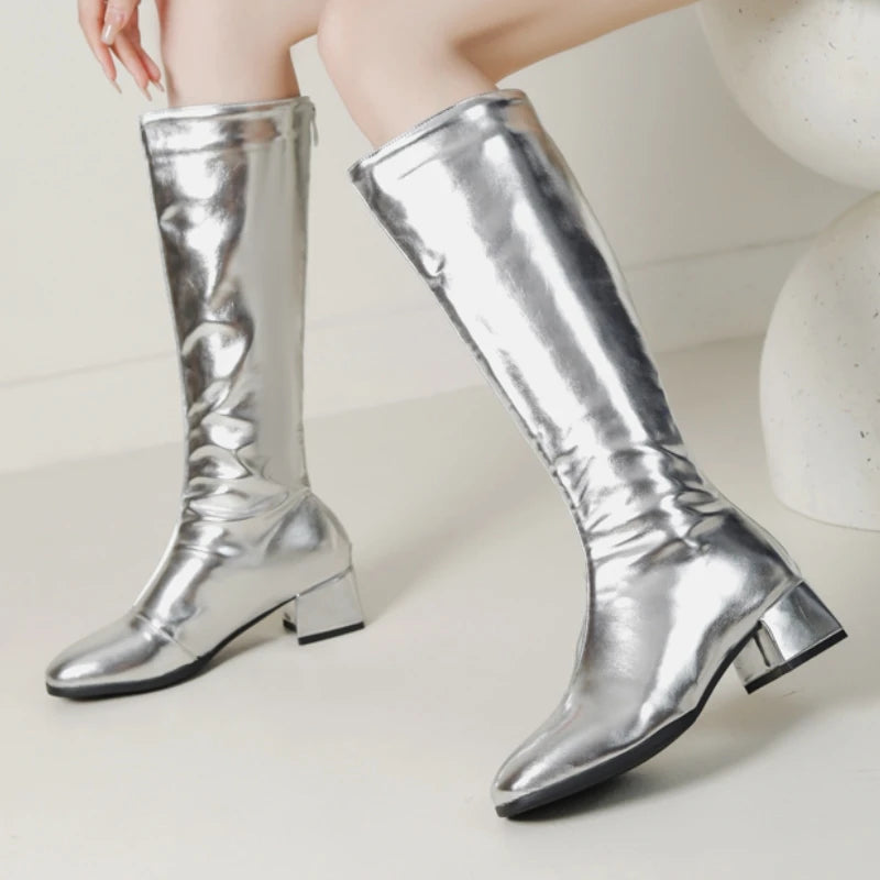 Damen kniehohe Stiefel – Winterstiefel mit niedrigem Absatz