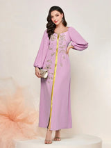 Muslim Dress Caftan with Embroidery – Lantern Sleeve Bandage Dress