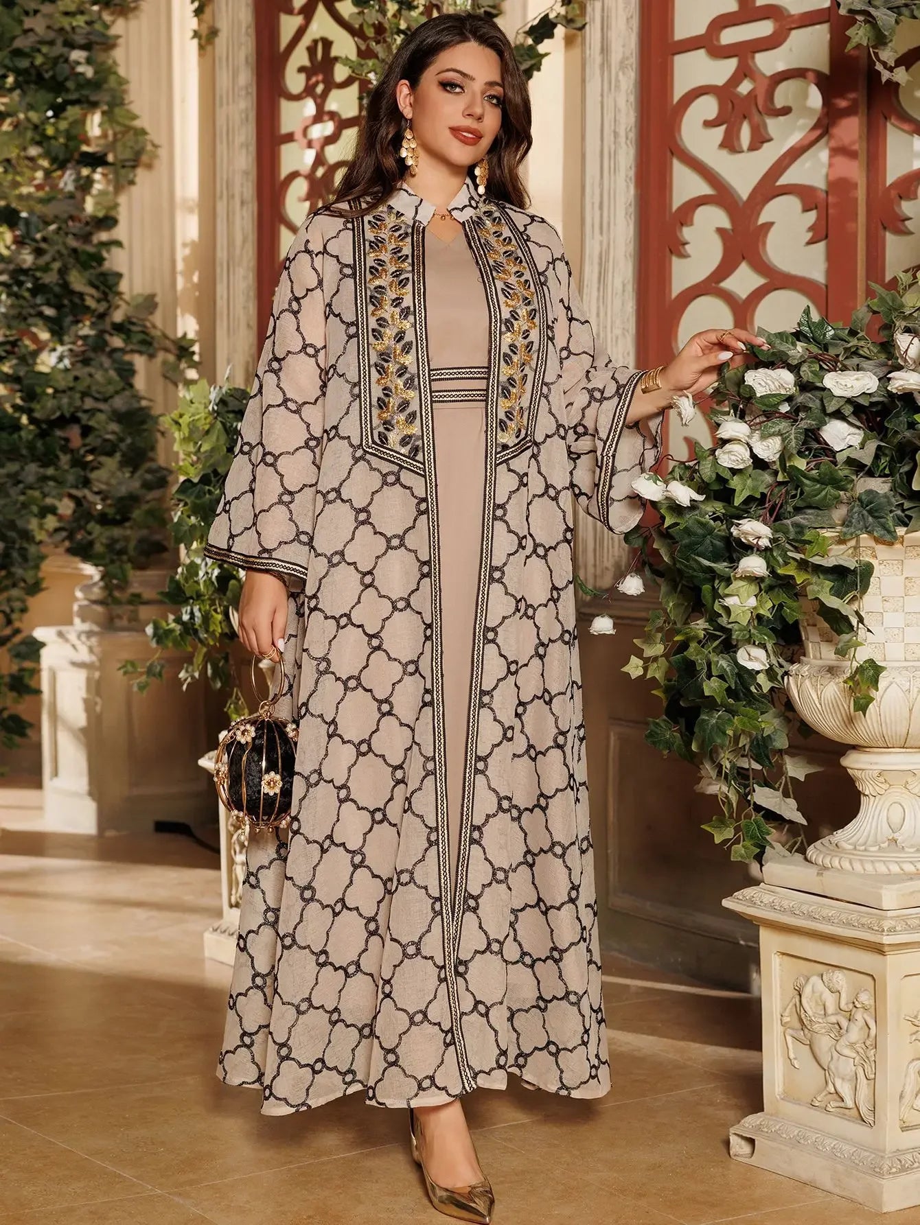 Muslimisches 2-teiliges Abaya-Set für Damen | Bestickte offene Strickjacke mit Innenkleid