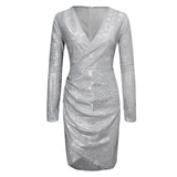 Sexy Pailletten-V-Ausschnitt Bodycon-Kleid für Damen – elegantes durchsichtiges Netzstoff-Minikleid mit langen Ärmeln