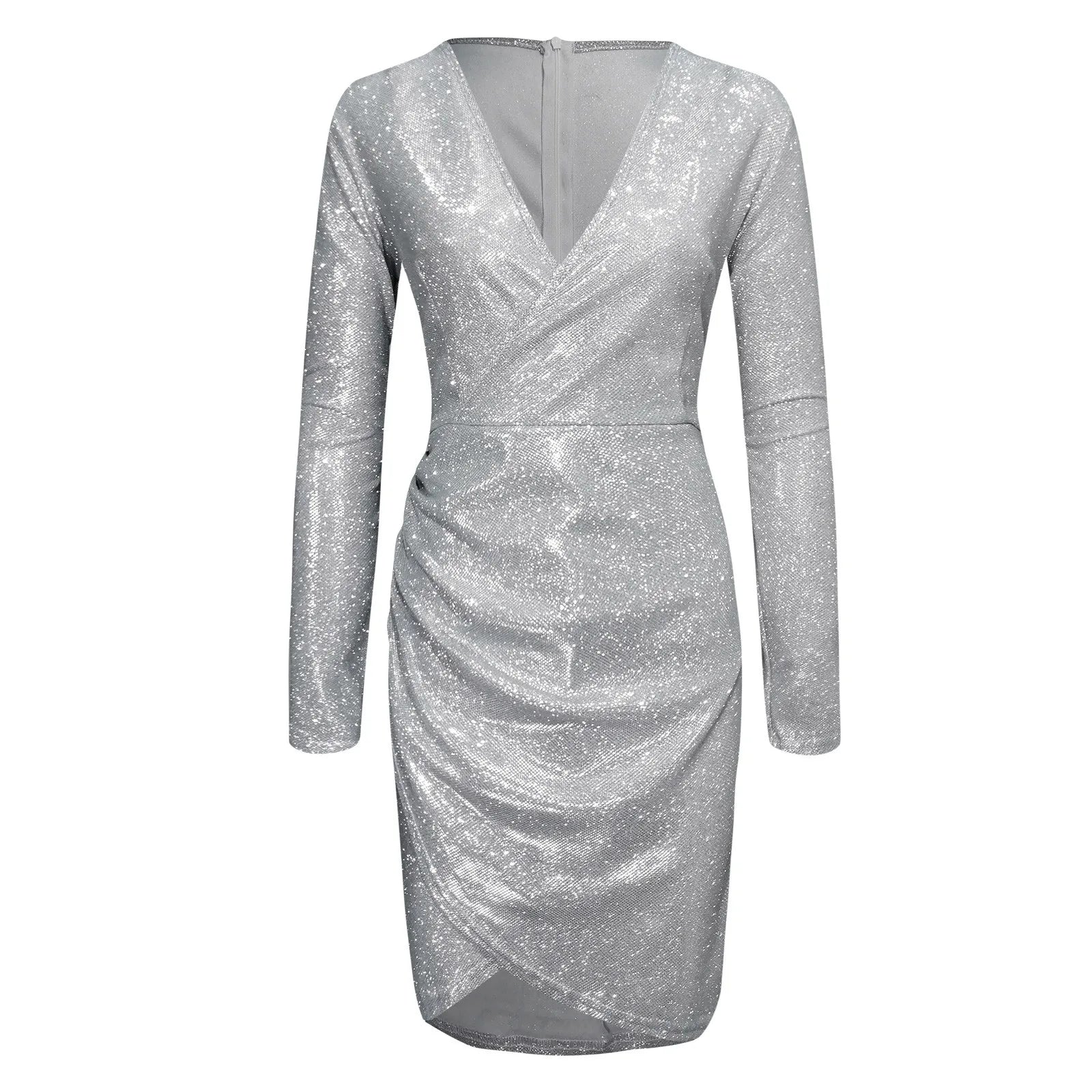 Sexy Pailletten-V-Ausschnitt Bodycon-Kleid für Damen – elegantes durchsichtiges Netzstoff-Minikleid mit langen Ärmeln