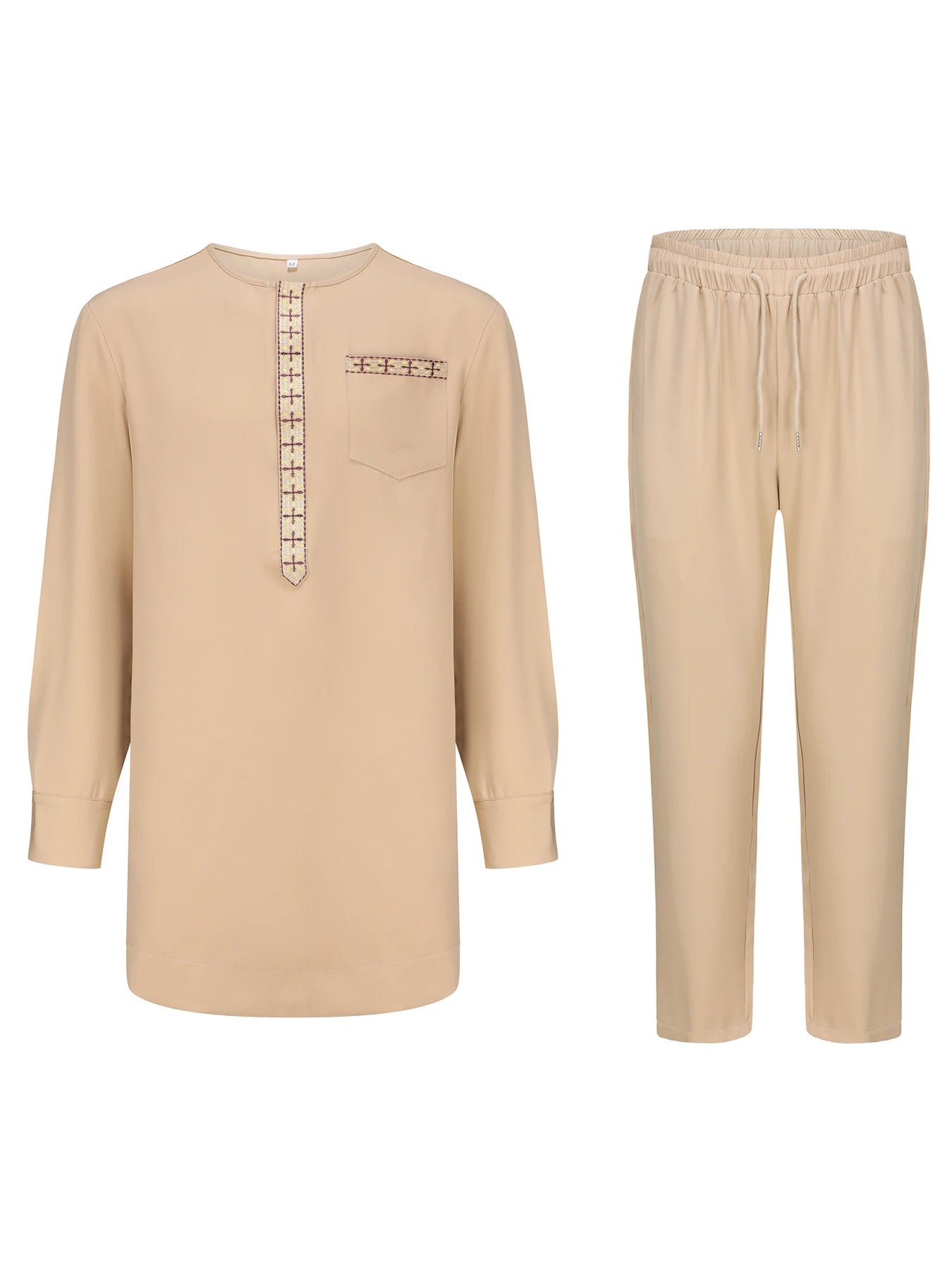 Herren brauner afrikanischer Ethno-Anzug | 2-teiliges Kaftan-Oberteil mit langen Ärmeln und Stickereien & Hose