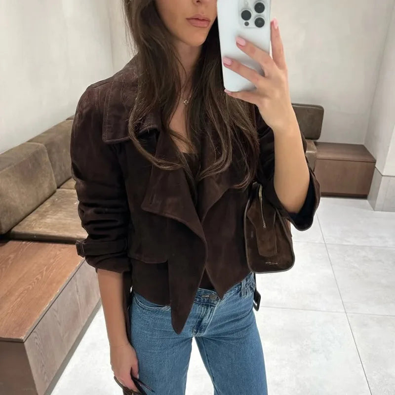 Vintage Wildlederjacke für Damen – Herbstmode Schnür-Mantel Schmale Passform