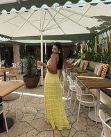 Women’s Backless Ruched Long Dress – Sexy Halter Lace-Up Maxi
