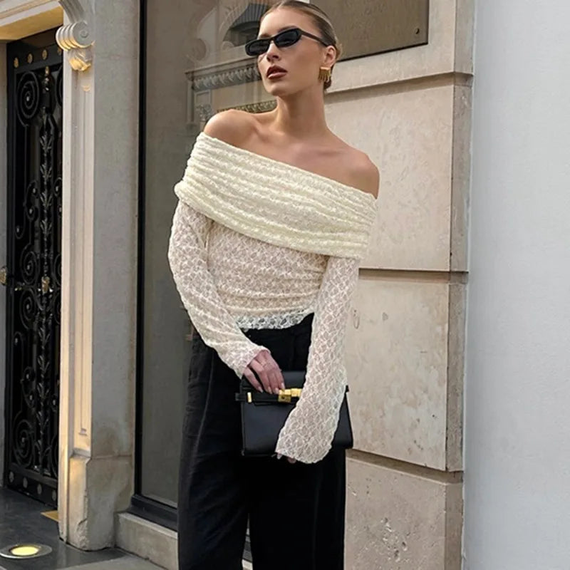 Sexy apricotfarbenes One-Shoulder-Top – Elegante ausgehöhlte Spitzenbluse, plissiertes durchsichtiges Party-Top