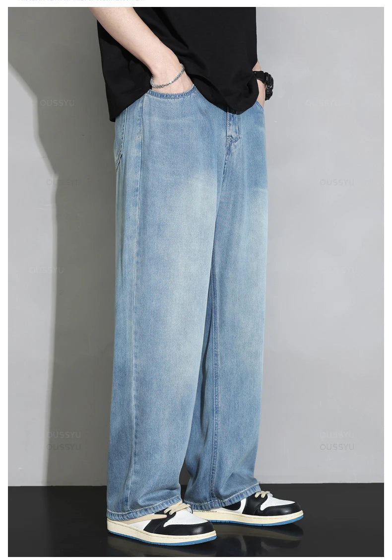 Men’s 100% Lyocell Elastic Waist Loose Straight Summer Jeans – High Quality Ultra-Soft Denim