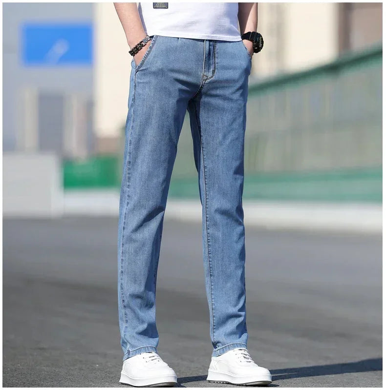 Men’s Summer Loose Stretch Gray & Light Blue Straight-Leg Denim Jeans