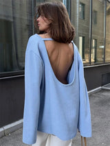 Damen rückenfreier, locker gestrickter Pullover – Lässiger, eleganter Langarm-Patchwork-Pullover