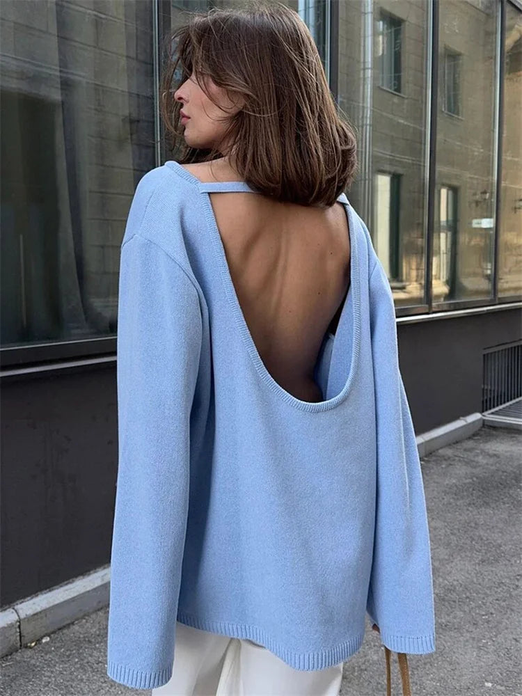 Damen rückenfreier, locker gestrickter Pullover – Lässiger, eleganter Langarm-Patchwork-Pullover