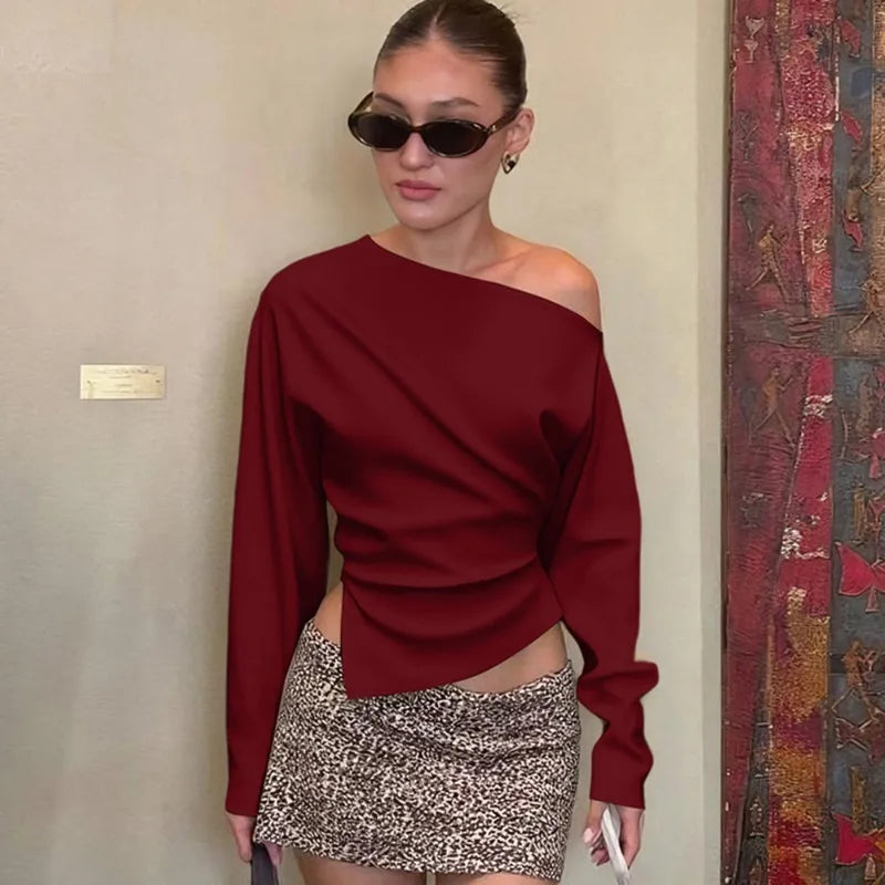 Elegant Strapless Pleated Top – Sexy Slim Fit Long Sleeve Pullover