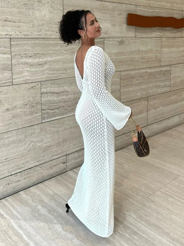 Damen Durchsichtiges V-Ausschnitt Strandkleid mit Cut-Outs, Sexy Rückenloses Strickkleid