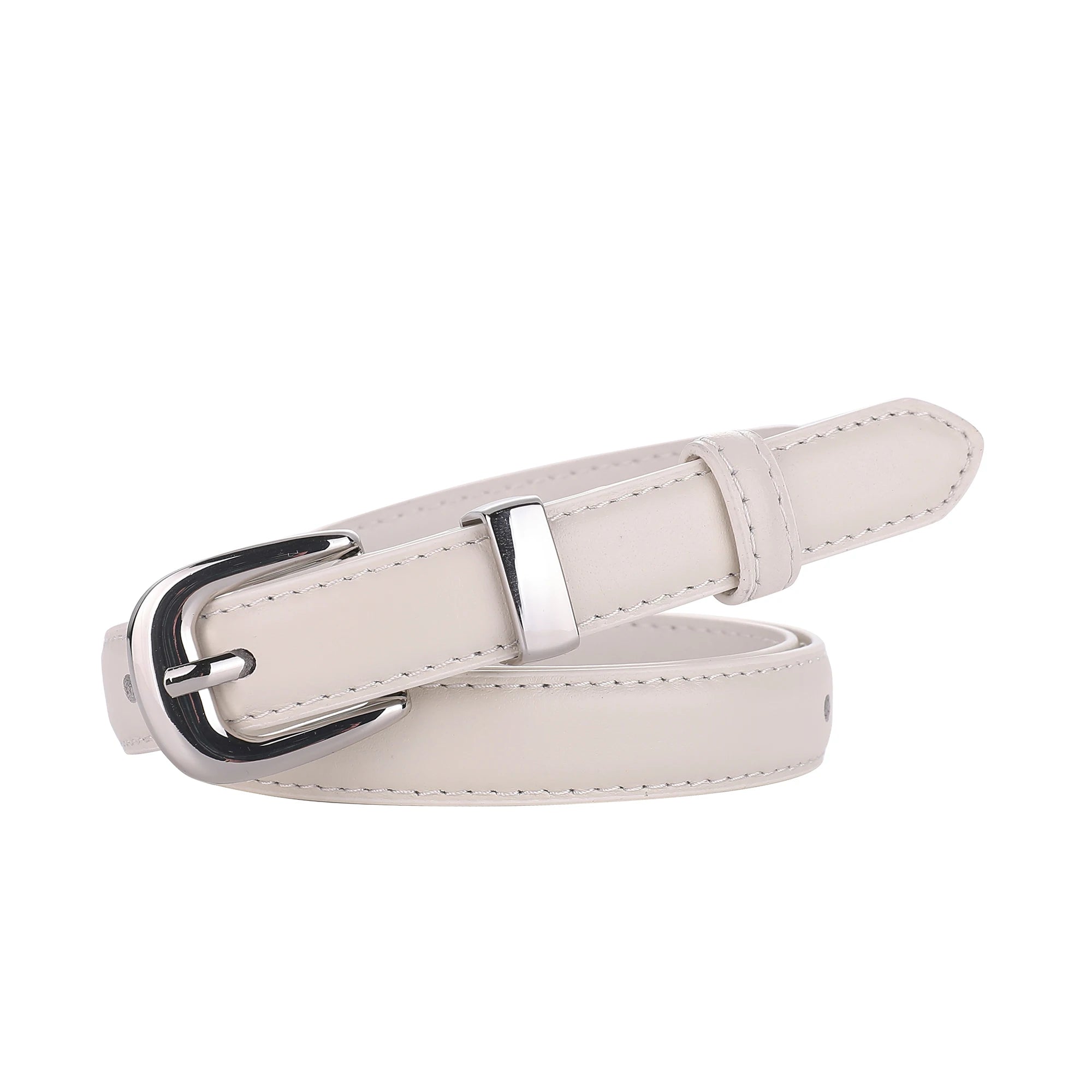 Women's Classy Skinny Belt – Bonded Leather Casual Waistband with Shiny Metal Buckle