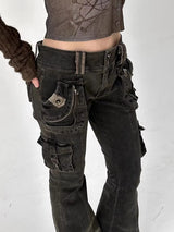 Black Dual-Button Low-Rise Cargo Pants | Women’s Grunge Flare Jeans