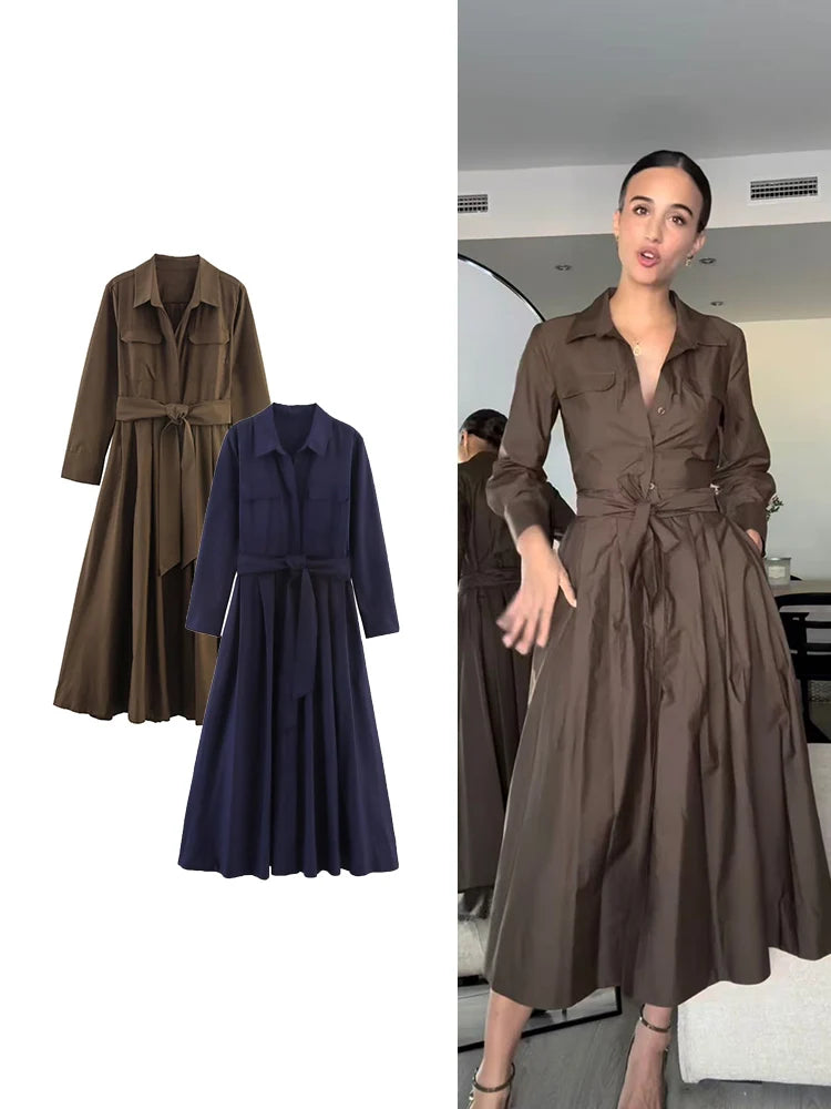 Elegantes Hemdkleid mit Reverskragen, Gürtel, langen Ärmeln, Einreiher, Herbst, Maxi