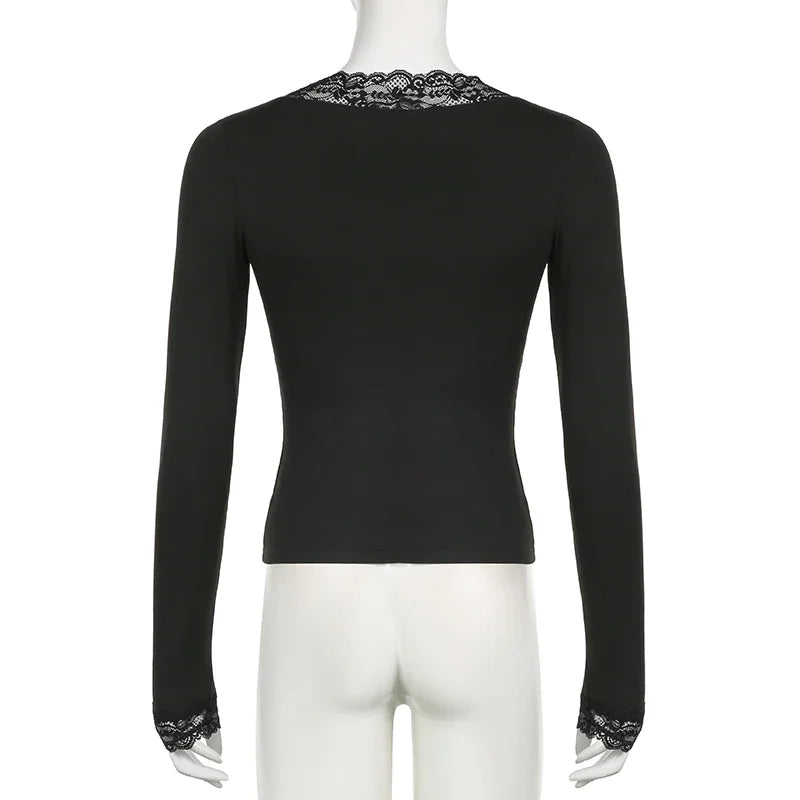 Y2K Lace Patchwork Black Skinny T-Shirt | Elegant V-Neck Long Sleeve Vintage Top