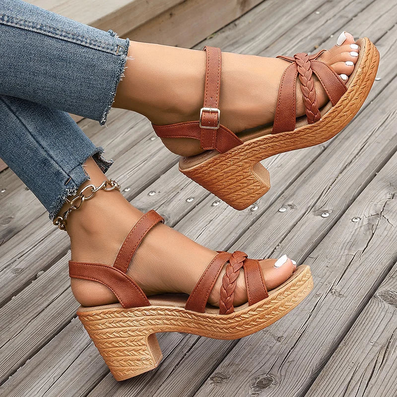 Damen Plateau-Sandalen mit Knöchelriemen – Dicke Absatz Sommer Gladiator-Schuhe
