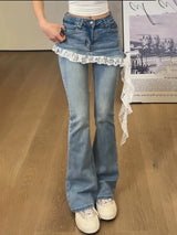 Damen Jeans mit Spitzenbesatz im Fake Two-Piece Design | Jeansrock in Mikro-Schlaghose-Optik