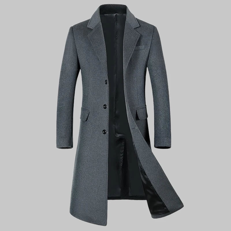 Herren Wintermantel aus hochwertiger Wolle – Knielanger Trenchcoat