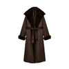 Braune Faux-Fur-Patchwork-Langjacke für Damen – Eleganter Gürtel-Schnür-Mantel