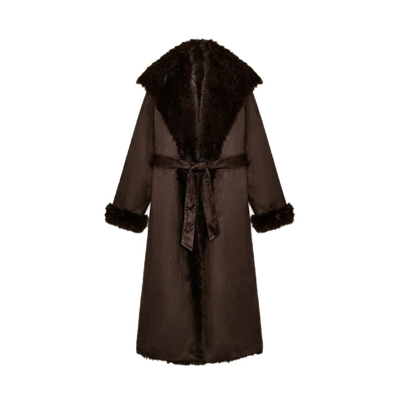 Braune Faux-Fur-Patchwork-Langjacke für Damen – Eleganter Gürtel-Schnür-Mantel